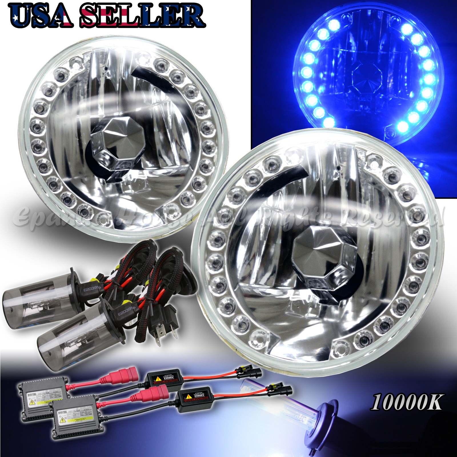 BLUE 18 LED FOR EURO CAR!7" H6014 H6024 USA REFLECTOR HEADLIGHTS H4 HID